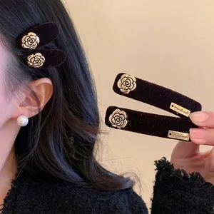 French Vintage Brown Velvet Camellia Hair Clip Alloy Gold Flower Duckbill Clip Elegant Handmade Hair Accessories For Women