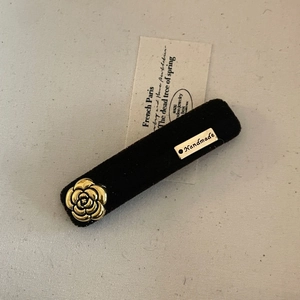 French vintage black velvet camellia hair clip with golden rose and handmade metal tag