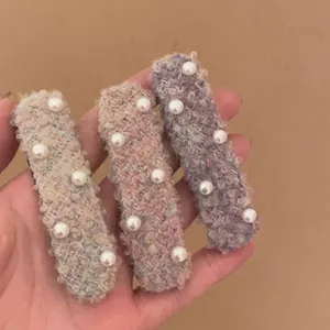 Vintage Tweed Artificial Pearl Hair Clips For Women Elegant Rectangular Woolen Duckbill Clip Handmade Fashion Hair Accessories Girls