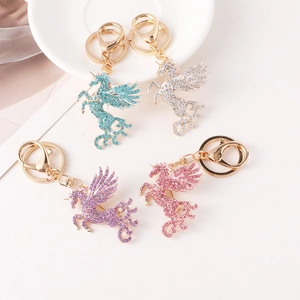 Porte-clés licorne en strass brillant pendentif pour sac en bleu blanc mauve et rose