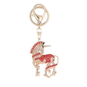 Porte-clés licorne étincelant avec strass rouges et blancs sur base dorée