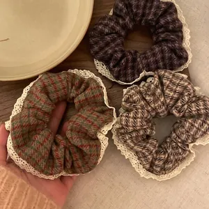 Vintage French Lace Plaid Scrunchie For Women Autumn Winter Thick Fabric Hair Tie Elegant Elastic Ponytail Holder Band
