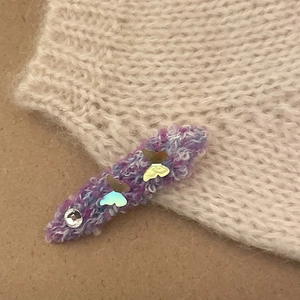Cute butterfly wool yarn hair clip with purple knit texture and sparkling rhinestones