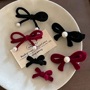 Vintage Velvet Bow Knot Hair Clips For Women Wine Red Black Small Hairpins With Faux Artificial Pearl Elegant Hair Accessories