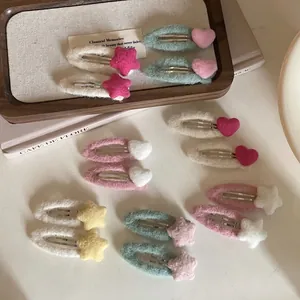 Chic plush heart and star hair clip set in macaron colors for women and girls