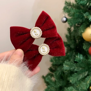 French retro red velvet bow hair clip with pearl trim and gold rose ornament