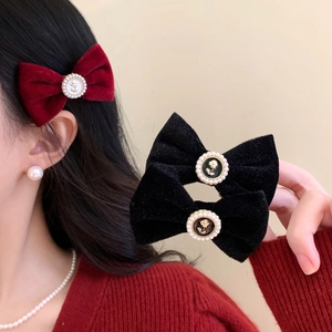 French vintage black and red velvet bow hair clips with pearl rose ornaments