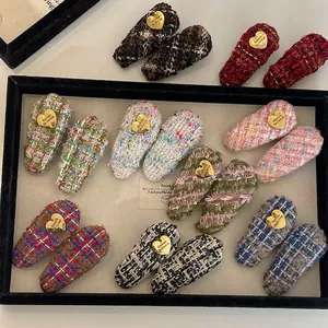 Pinces à Cheveux Enveloppées de Tissu Tweed Vintage Français pour Femmes Douces Colorées Motif Plaid Décoration de Coeur