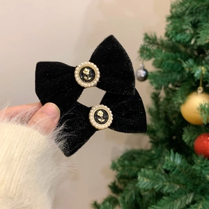 French Vintage Velvet Bow Hair Clip With Gold Rose And Faux Artificial Pearl Elegant Duckbill Clip For Women Holiday Hair Accessories