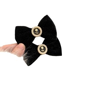 French vintage black velvet bow hair clips with golden rose and pearl accents