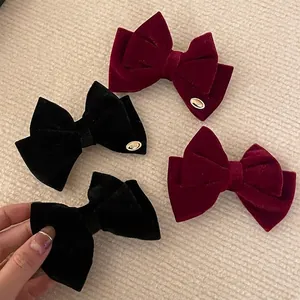 Clip de Pelo con Lazo de Terciopelo Vintage para Mujeres Niños Elegante Horquilla Hecha a Mano con Etiqueta de Metal Dorado