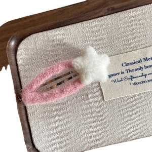 Handmade pink wool felt hair clip with white star decoration and metal BB base