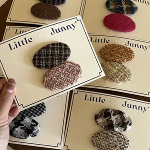 French Vintage Tweed Oval Hair Clips Set For Women Kids Houndstooth Plaid Woolen Fabric Covered Metal BB Clips Hair Accessories