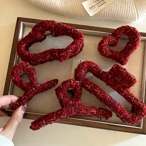 French Style Red Tweed Hair Claw Clip For Women Vintage Burgundy Fabric Shark Clip Elegant Hair Styling Tool Accessories