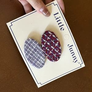 French style oval tweed hair clips in purple and red woven fabric for girls