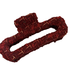 French style wine red tweed hair claw clip with golden metallic threads on white background