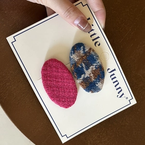 French style tweed oval hair clips for girls in rose red and blue plaid set