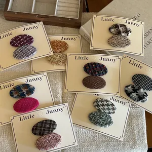 French style tweed oval hair clip set for girls with plaid and herringbone texture