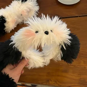 Cute plush dog ear headband for face washing, soft faux fur hair accessory in black and white