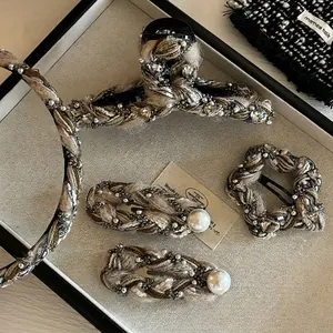 Vintage Tweed Fabric Hair Clip For Women Elegant Rhinestone Artificial Pearl Hair Claw Braided Headband Fashion Hair Accessory