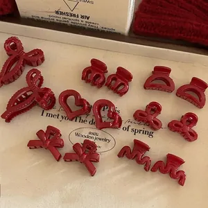 Lot de barrettes à cheveux rouge foncé festives en formes de cœur et fleurs