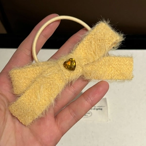 Pink plush bow hair tie with heart crystal gemstone and elastic band accessory