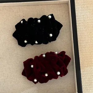 French style velvet hair clips in black and burgundy with elegant pearl embellishments