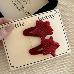 Fermagli per capelli a stella in tweed rosso con fiocchi di velluto per ragazze set di due