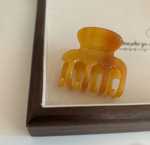 Detailed view of amber acetate hair claw clip with golden logo and smooth long teeth