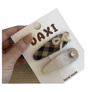 Set of two fabric bow hair clips with brown plaid and sparkling champagne rhinestone