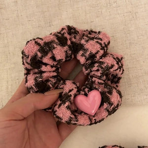 Pink and brown houndstooth hair scrunchie with a sweet pink heart shaped charm decoration