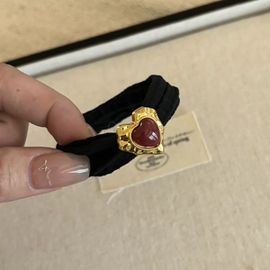 French vintage black elastic hair tie with golden heart pendant and deep red stone