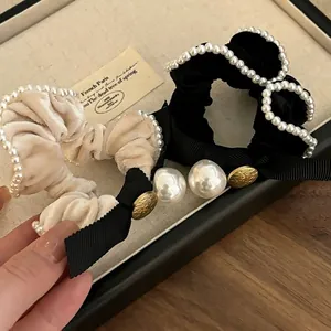 Elegant Velvet Artificial Pearl Bow Hair Ties French Vintage Scrunchies Fashion Ribbon Bowknot Elastic Ponytail Holder Accessories For Women