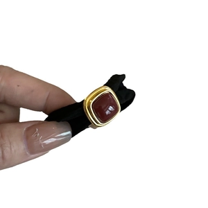 French vintage style black hair tie with gold square frame and red agate stone