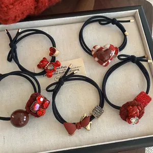 Red Elastic Hair Ties Rhinestone Bear Bow Knot Ponytail Holders Scrunchies Festive Hair Accessories For Women New Year Fashion