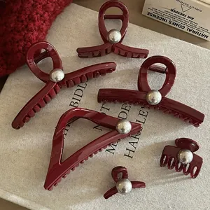 Pince à Cheveux Rouge Vin Élégante pour Femmes en Acrylique Haute Brillance avec Décoration de Künstliche Perles Argentées Accessoires de Mode