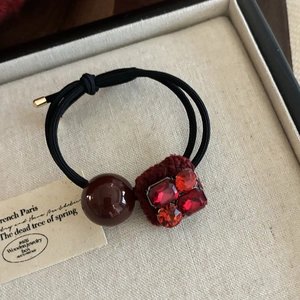 Elegant wine red hair tie with tweed pattern square crystal and vintage bead detail