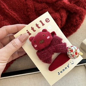 Cute red corduroy bear bow and floral ball hair clip set for women and girls