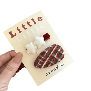 Cute red plaid bow and plush white star hair clips set for women New Year styling