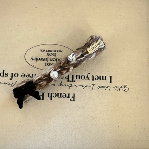Vintage woven brown wool hair clip with faux pearl, heart crystal and velvet bow accent