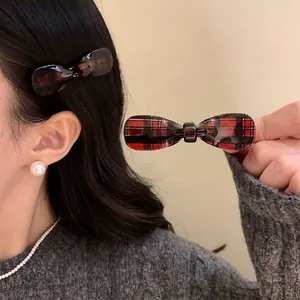 Red plaid bow hair clip for women with vintage British style pattern hair accessory