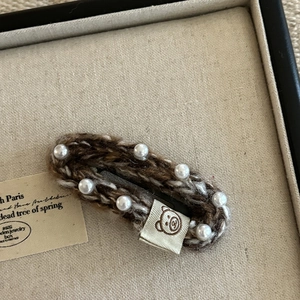 Handmade woven coffee brown yarn hair clip with white pearls and cute bear tag