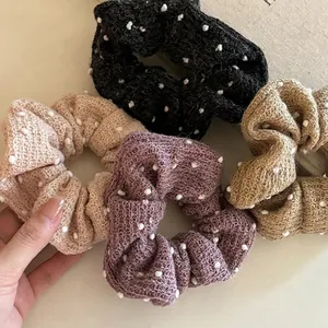 Women Knitted Polka Dot Scrunchie Fabric Pompom Hair Tie Elastic Soft Hair Band Retro Sweet Hair Accessories For Daily Styling