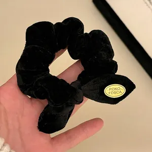 Elegant Velvet Bow Hair Scrunchie With Gold Metal Tag Vintage Black Fabric Elastic Hair Tie Ponytail Holder For Women Accessories