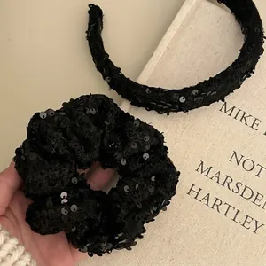 French Retro Sequin Woolen Yarn Hair Accessories For Women Handmade Sparkling Headband Elegant Large Scrunchie Hair Tie