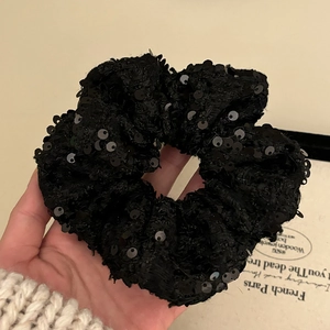 Sparkly black sequin velvet scrunchie in a vintage French style hair accessory