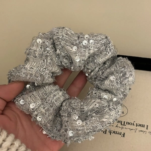 Silver sequin velvet scrunchie with sparkling metallic tweed texture for women
