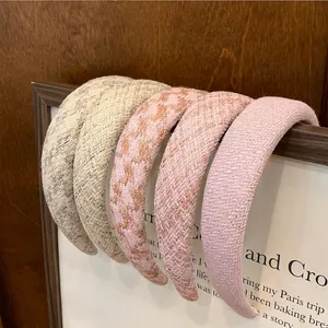 Pink plaid tweed padded headband collection with thick sponge and retro vintage style