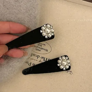 Vintage Artificial Pearl Flower Hair Clip For Women Black Fabric Wrapped BB Clip Simple Rhinestone Side Hair Accessories Hairpin