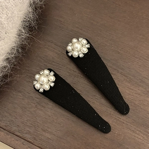 Vintage pearl hair clips with black fabric wrapping and sparkling rhinestones for women
